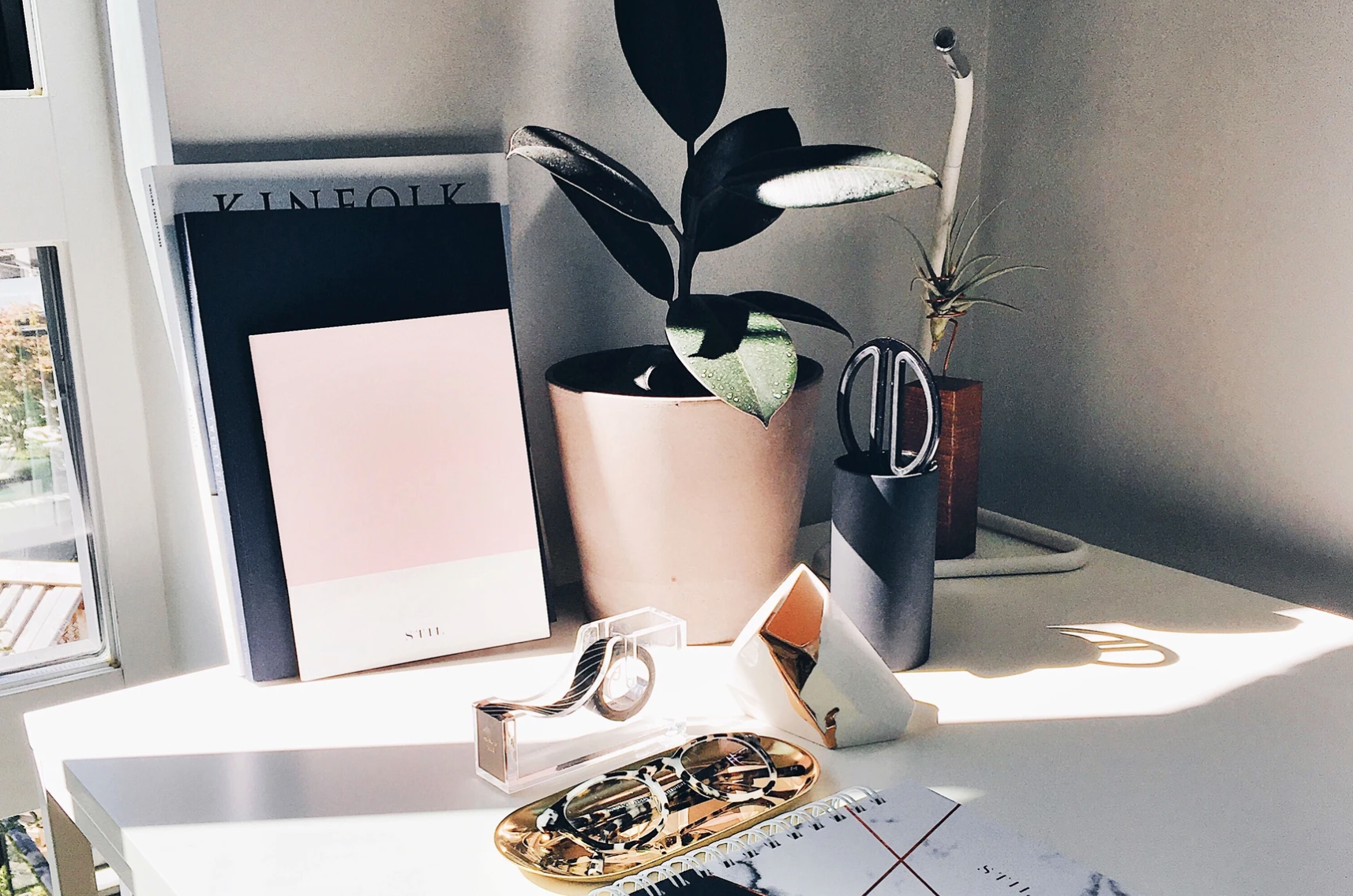 Work from home office desk space next to a window with sunlight, with stationary, a plant and books on top